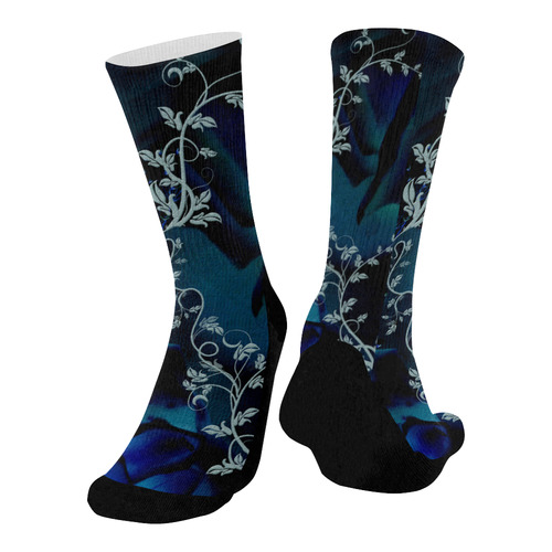 Floral design, blue colors Mid-Calf Socks (Black Sole)