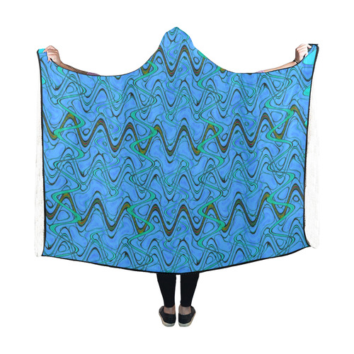 Blue Green and Black Waves Hooded Blanket 60''x50''