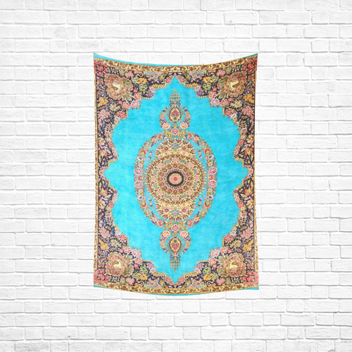 Blue Floral Persian Rug Carpet Pattern Cotton Linen Wall Tapestry 40"x 60"