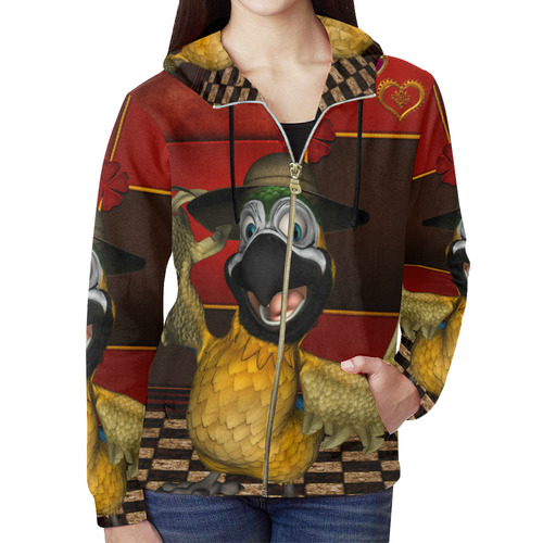 Funny parrot with summer hat All Over Print Full Zip Hoodie for Women (Model H14)