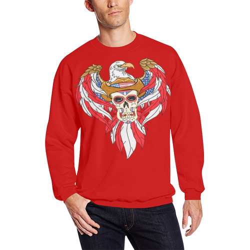 American Eagle Sugar Skull Red Men's Oversized Fleece Crew Sweatshirt/Large Size(Model H18)