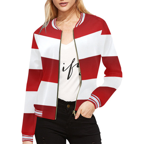 red and white bomber jacket