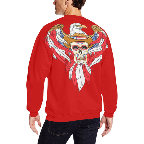 American Eagle Sugar Skull Red Men's Oversized Fleece Crew Sweatshirt/Large Size(Model H18)