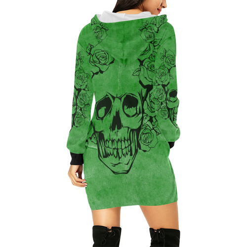 Skull with roses, green All Over Print Hoodie Mini Dress (Model H27)