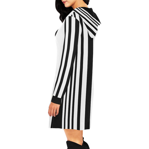 Black & White Stripes All Over Print Hoodie Mini Dress (Model H27)