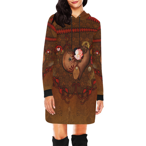 Steampunk heart with roses, valentines All Over Print Hoodie Mini Dress (Model H27)