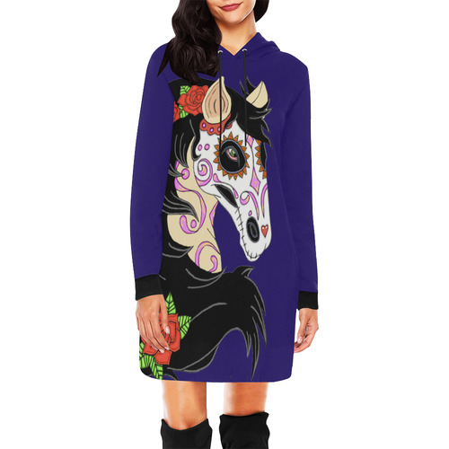 Sugar Skull Horse Red Roses Dark Blue All Over Print Hoodie Mini Dress (Model H27)