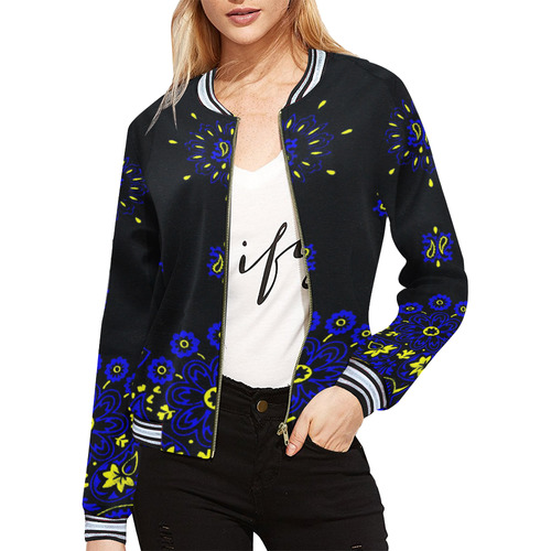 blue yellow paisley bandana All Over Print Bomber Jacket for Women (Model H21)