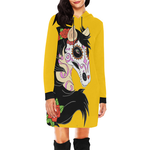 Sugar Skull Horse Red Roses Yellow All Over Print Hoodie Mini Dress (Model H27)