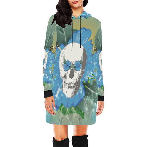 Funny skull with blue flowers All Over Print Hoodie Mini Dress (Model H27)