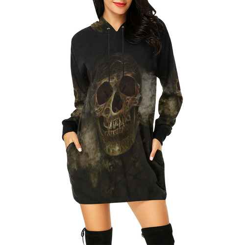 Mysterious  Golden Skull All Over Print Hoodie Mini Dress (Model H27)