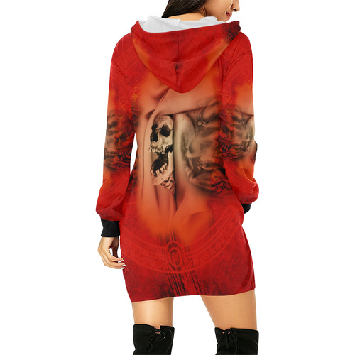 Creepy skulls on red background All Over Print Hoodie Mini Dress (Model H27)
