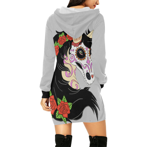 Sugar Skull Horse Red Roses Lt Grey All Over Print Hoodie Mini Dress (Model H27)