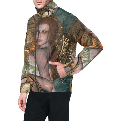 The steampunk lady with awesome eyes, clocks Unisex All Over Print Windbreaker (Model H23)