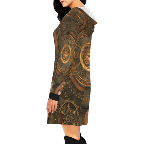 Steampunk, wonderful vintage clocks and gears All Over Print Hoodie Mini Dress (Model H27)