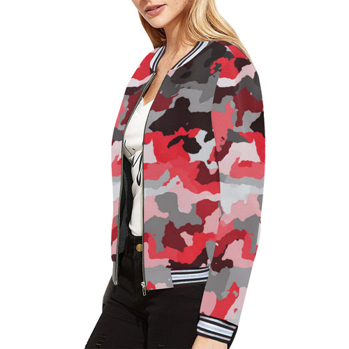 camouflage red,black All Over Print Bomber Jacket for Women (Model H21)