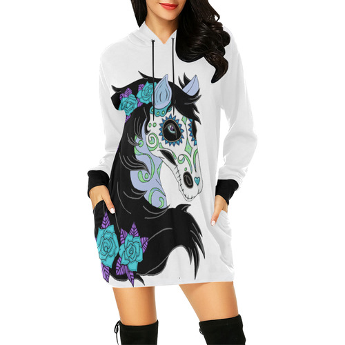 Sugar Skull Horse Turquoise Roses White All Over Print Hoodie Mini Dress (Model H27)