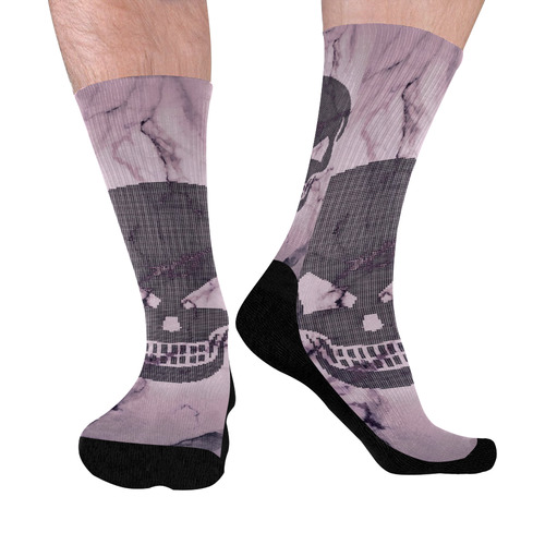 dotted skull on marble B Mid-Calf Socks (Black Sole)