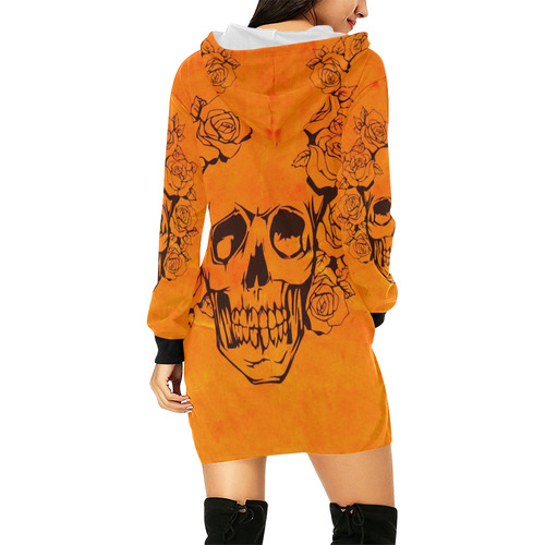 Skull with roses,orange All Over Print Hoodie Mini Dress (Model H27)