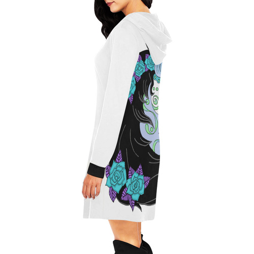 Sugar Skull Horse Turquoise Roses White All Over Print Hoodie Mini Dress (Model H27)