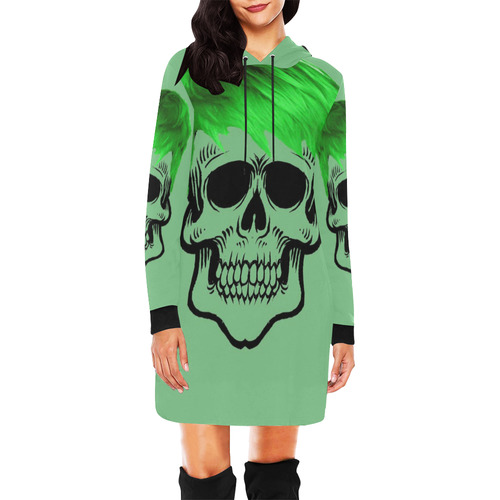 funny Skull, green All Over Print Hoodie Mini Dress (Model H27)