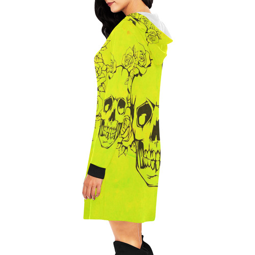 Skull with roses, yellow All Over Print Hoodie Mini Dress (Model H27)