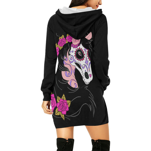 Sugar Skull Horse Pink Roses Black All Over Print Hoodie Mini Dress (Model H27)