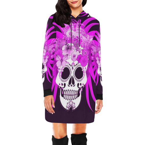 hippie skull,pink All Over Print Hoodie Mini Dress (Model H27)