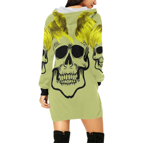 funny skull, yellow All Over Print Hoodie Mini Dress (Model H27)