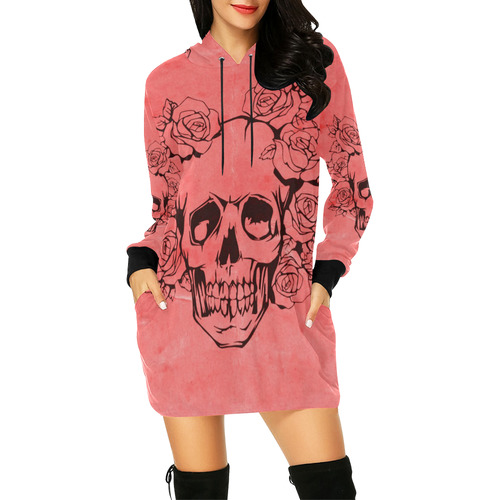 Skull with roses peach All Over Print Hoodie Mini Dress (Model H27)