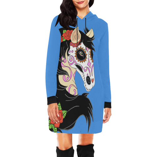 Sugar Skull Horse Red Roses Blue All Over Print Hoodie Mini Dress (Model H27)