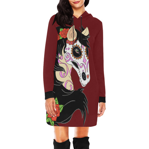 Sugar Skull Horse Red Roses Dark Red All Over Print Hoodie Mini Dress (Model H27)