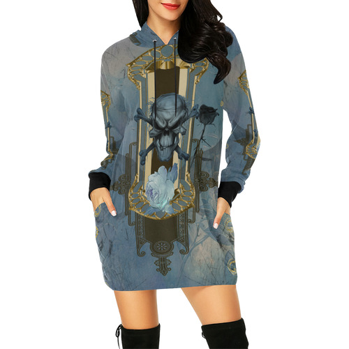 The blue skull with crow All Over Print Hoodie Mini Dress (Model H27)