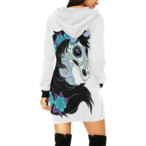 Sugar Skull Horse Turquoise Roses White All Over Print Hoodie Mini Dress (Model H27)