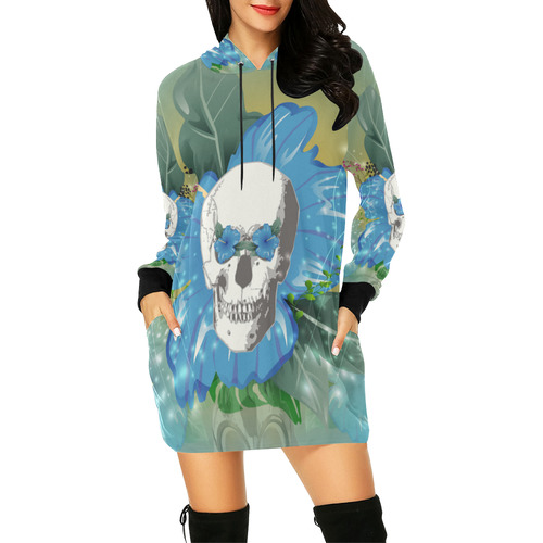 Funny skull with blue flowers All Over Print Hoodie Mini Dress (Model H27)