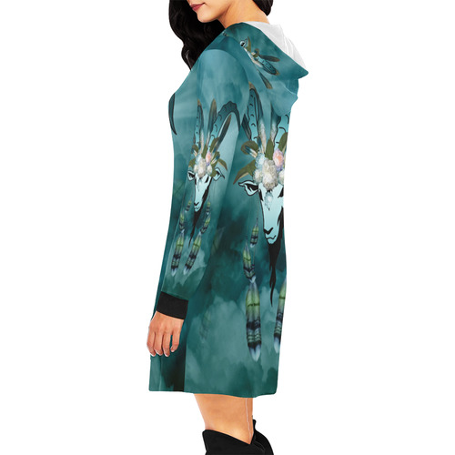 The billy goat with feathers and flowers All Over Print Hoodie Mini Dress (Model H27)