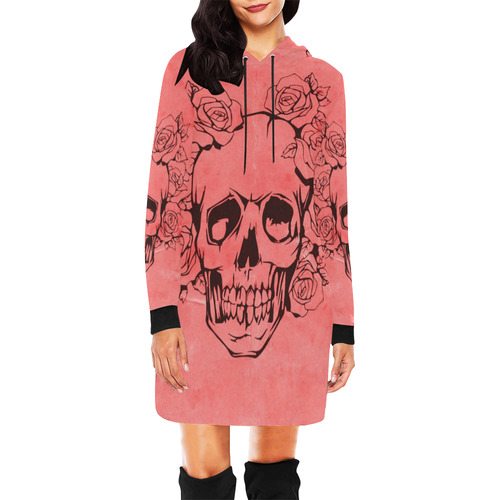 Skull with roses peach All Over Print Hoodie Mini Dress (Model H27)