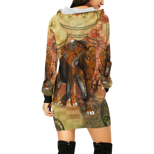 Steampunk, awesome steampunk elephant All Over Print Hoodie Mini Dress (Model H27)