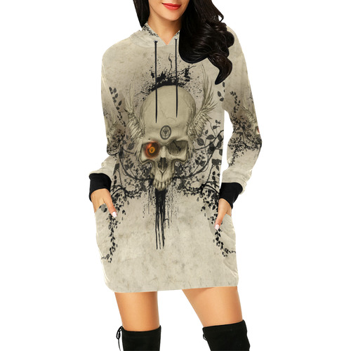 Amazing skull with wings,red eye All Over Print Hoodie Mini Dress (Model H27)
