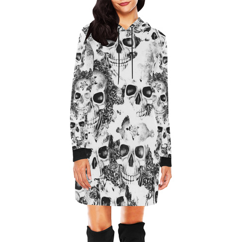cloudy Skulls B&W by JamColors All Over Print Hoodie Mini Dress (Model H27)