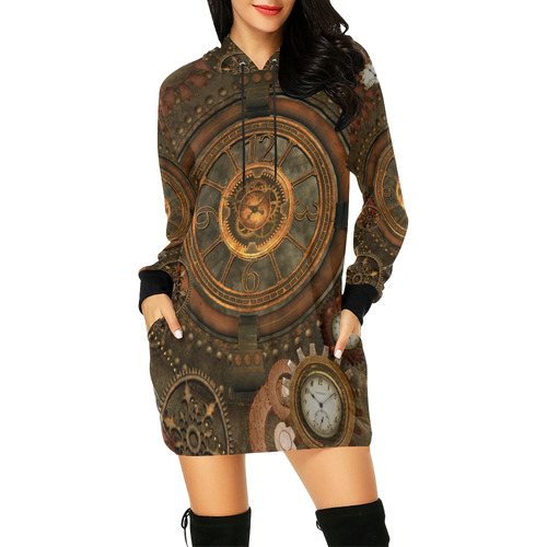 Steampunk, wonderful vintage clocks and gears All Over Print Hoodie Mini Dress (Model H27)