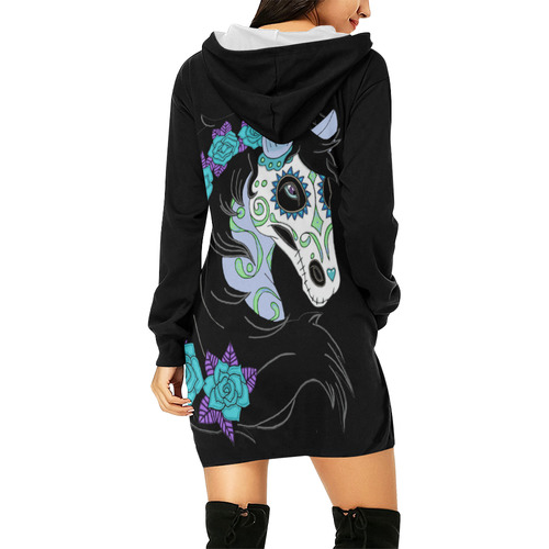 Sugar Skull Horse Turquoise Roses Black All Over Print Hoodie Mini Dress (Model H27)