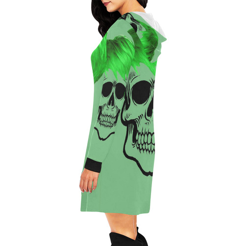 funny Skull, green All Over Print Hoodie Mini Dress (Model H27)