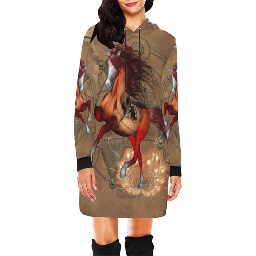 Wonderful horse with skull, red colors All Over Print Hoodie Mini Dress (Model H27)