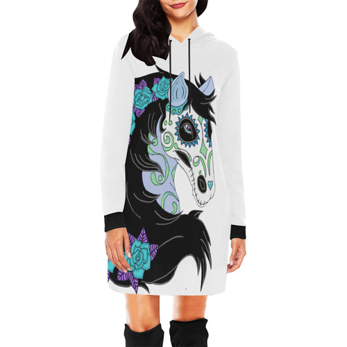 Sugar Skull Horse Turquoise Roses White All Over Print Hoodie Mini Dress (Model H27)