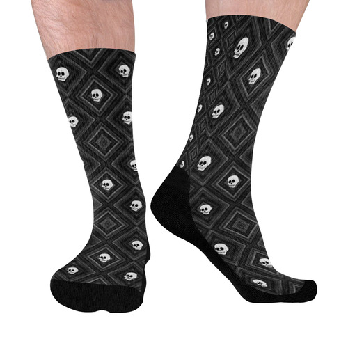 Funny little Skull pattern, B&W by JamColors Mid-Calf Socks (Black Sole)