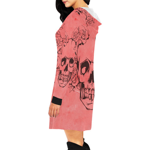 Skull with roses peach All Over Print Hoodie Mini Dress (Model H27)