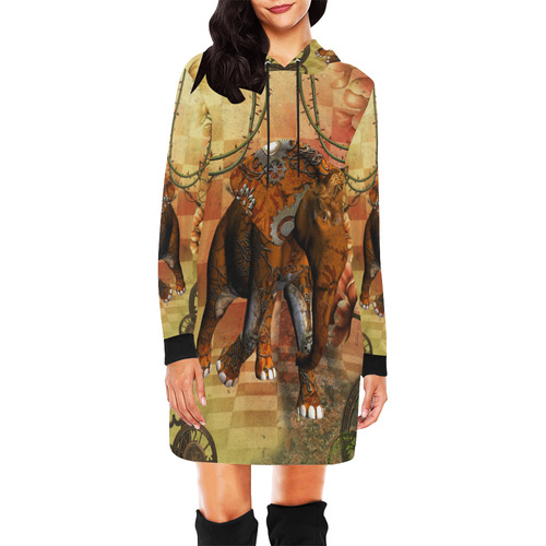 Steampunk, awesome steampunk elephant All Over Print Hoodie Mini Dress (Model H27)