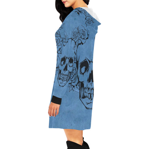 Skull with roses, blue All Over Print Hoodie Mini Dress (Model H27)