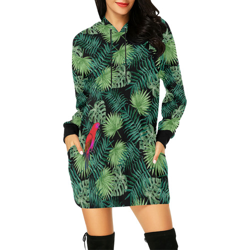 Parrot And Leaves All Over Print Hoodie Mini Dress (Model H27)
